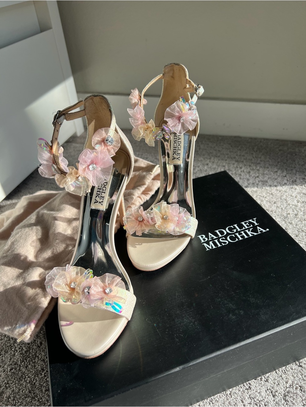 Badgley Mischka Iridescent Crystal and Blush Floral Stiletto Heels